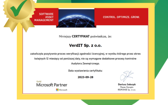 VerdIT z Certyfikatem SAM w obszarze oprogramowania Microsoft