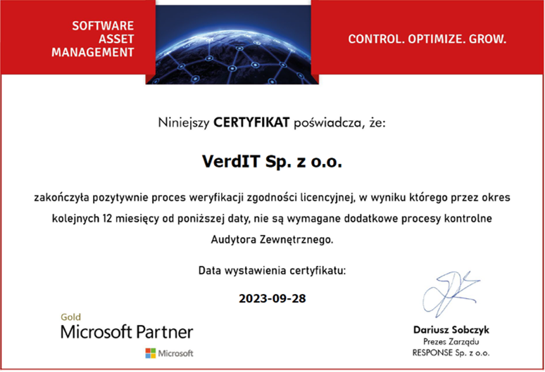 VerdIT z Certyfikatem SAM w obszarze oprogramowania Microsoft